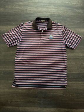 Peter Millar Men's 2018 PGA Bellerive Golf Polo Pink Brown Stripe 4-Way Stretch